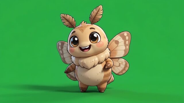 Adorable cartoon moth character with large eyes and feathery antennae, smiling and waving, isolated on a green screen, perfect for children's conte...
