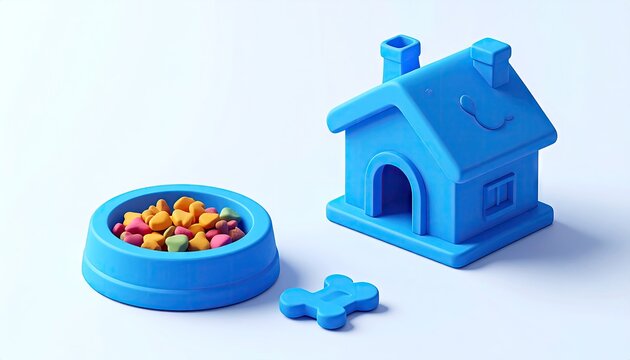 Small blue doghouse with bone and water bowl.