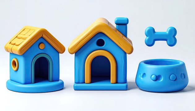 Twin blue doghouses with bone and bowl set.