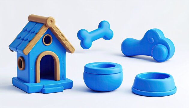 Blue doghouse set with toy accessories.