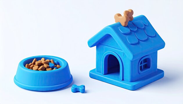 Blue plastic doghouse with food dish and bone.
