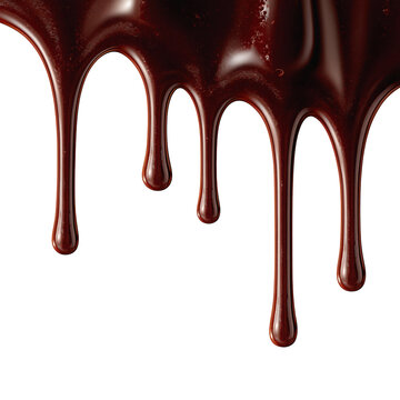 Dark melted chocolate drips falling against a grey background