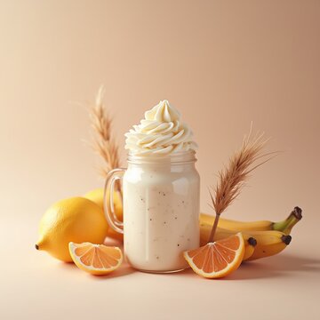 Creamy Dessert with Fresh Citrus and Dried Flowers on Warm Minimal Background