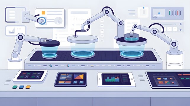 Robotic arms working on high tech assembly line with digital dashboard interfaces and holographic projection monitors in modern industrial facility