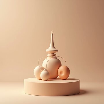 Minimal Ceramic Still Life with Fresh Fruit and Decorative Objects on Beige Background