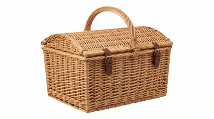 Obraz premium Woven wicker picnic basket with leather straps isolated on white.