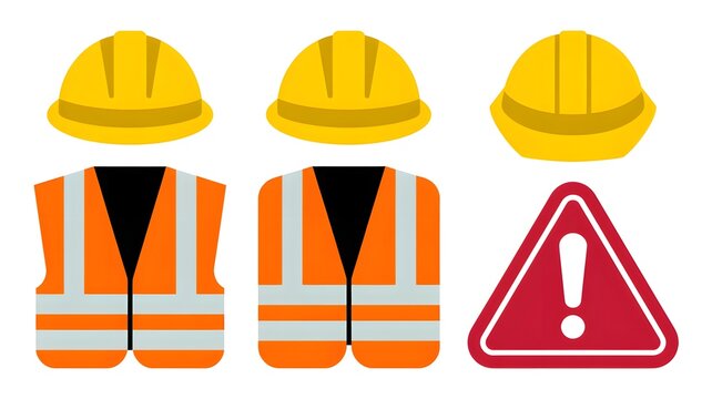 Bright yellow construction hard hats and reflective orange safety vests accompanied by a red warning sign on white background isolated