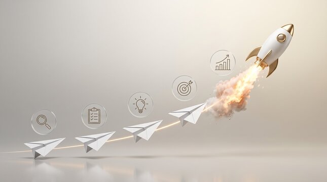 Business growth strategy with paper airplanes and rocket