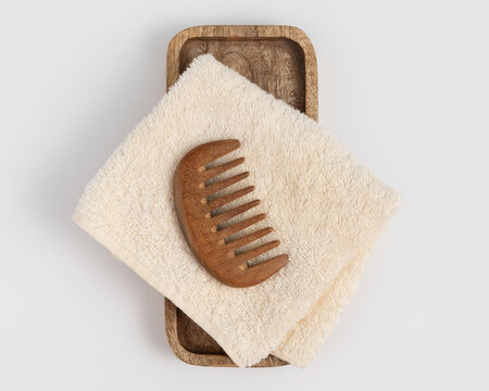 Eco friendly spa hotel amenities mockup with wooden comb and towel