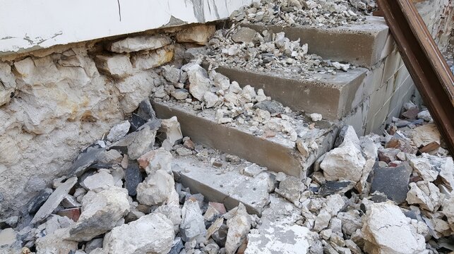 Broken concrete steps rubble beside a weathered building wall, showing demolition, decay, damaged infrastructure, structural deterioration, unsafe conditions, renovation, repair, construction needs