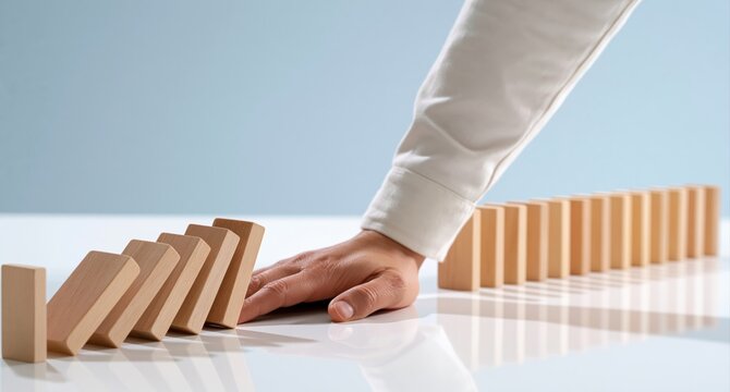 Domino effect stopping by hand for business risk management and crisis intervention