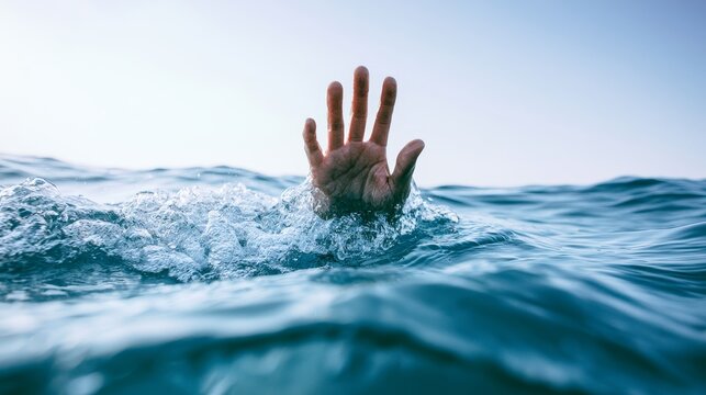 Drowning person raising a hand for help above the water, representing emergency, distress, rescue, survival, water safety, accident prevention, and urgent lifesaving assistance