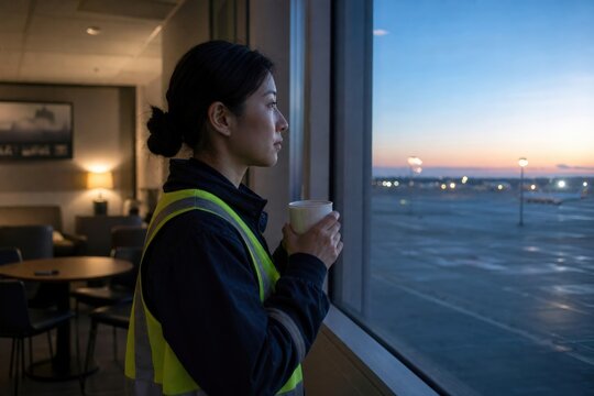 Airport Ground Crew Fatigue Marshaller Reflecting At Dawn After