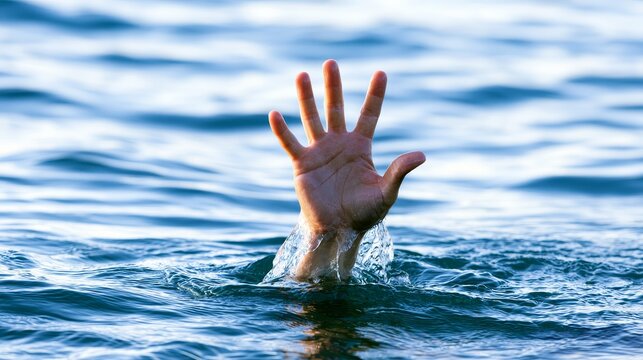 Drowning person raising a hand for help above the water, representing emergency, distress, rescue, survival, water safety, accident prevention, and urgent lifesaving assistance