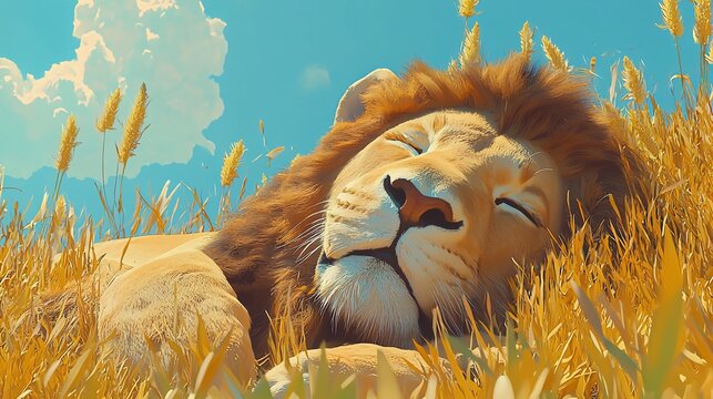 Majestic lion sleeping peacefully in tall grass under a sunny sky.