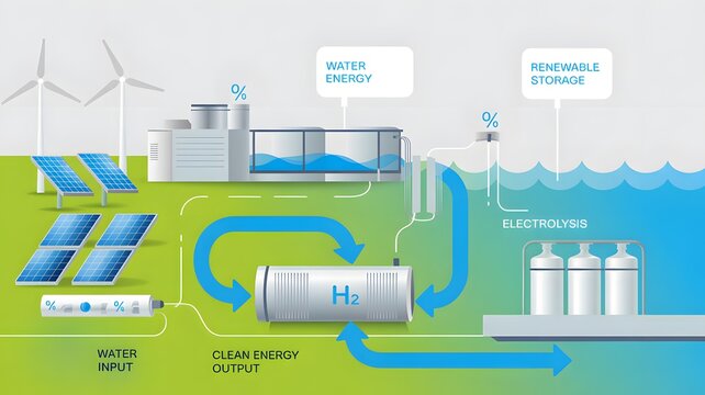 Renewable energy production process showing solar panels and wind turbines converting water into clean hydrogen fuel for sustainable global power
