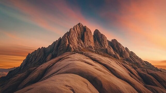 Majestic mountain peak at sunset, dramatic sky.