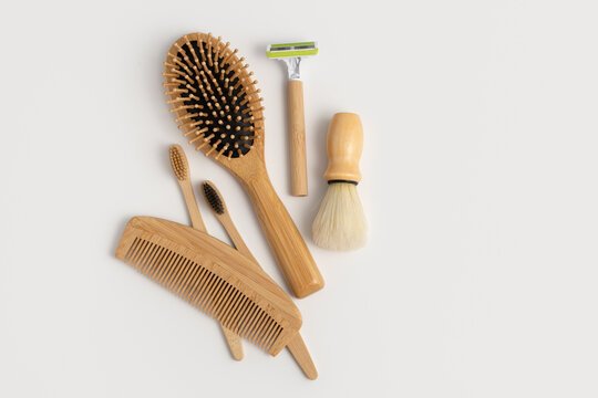 Minimalist eco friendly zero waste grooming bundle on white background