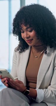 Chat, online and businesswoman with phone in waiting room, onboarding or communication with contact. Typing, message and happy person with mobile, hiring and preparing for job interview in office