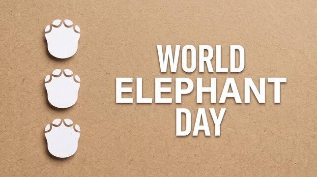 World Elephant Day typography on brown paper background. Wildlife conservation concept with white elephant footprints. Animal protection awareness banner.