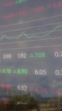 Animation of financial data processing over cityscape