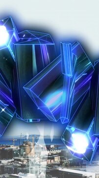 Animation of blue crystals over cityscape