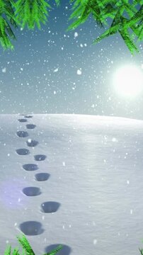 Animation of tower of three penguins with christmas gift over snow and footprints in snow landscape