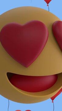 Animation of smiling emoji icon with red hearts with red heart balloon icons on blue background