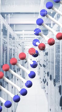 Animation of data processing and dna strand over server room