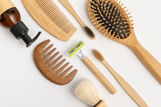 Eco friendly wooden personal care and grooming accessories flat lay