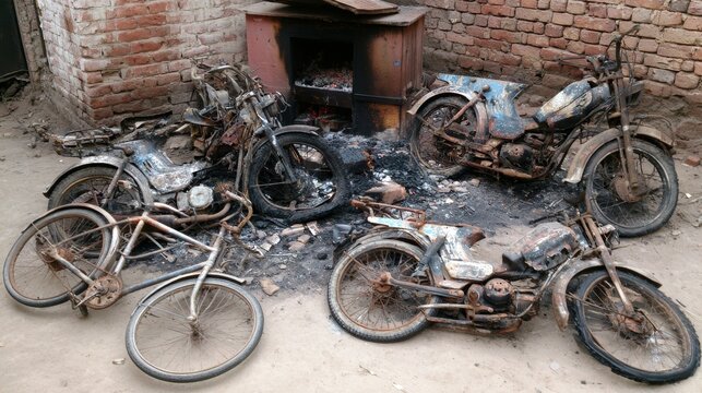 Heavily charred and rusted bicycles and mopeds piled together after a major fire, showing burned vehicles, fire damage, destruction, abandoned transport, disaster aftermath, and severe property loss