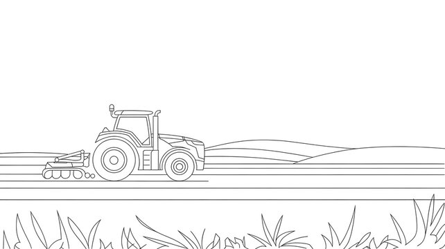 Modern farm tractor working on agricultural fields for planting season depicted as clean minimalist black and white vector line art