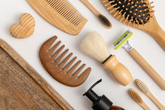 Eco friendly wooden personal care and grooming accessories flat lay