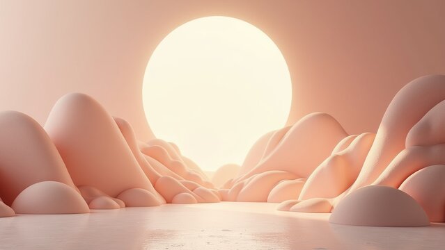 Dreamy Abstract Sunset Landscape with Glowing Sun and Soft Pink Mountains