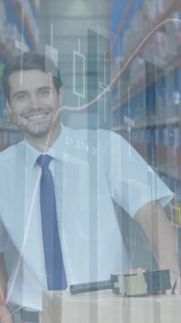 Animation of statistics and financial data processing over men and woman working in warehouse