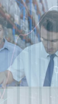 Animation of statistics and financial data processing over men working in warehouse
