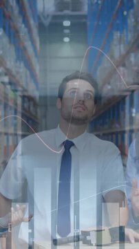 Animation of statistics and financial data processing over men and woman working in warehouse