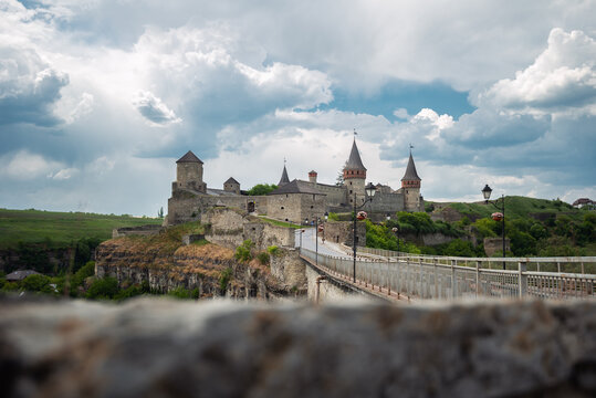 Medieval Kamianets-Podilskyi castle fortress with ancient stone bridge mockup