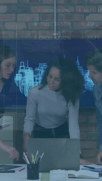 Animation of graphs, trading board over diverse coworkers discussing blueprint over laptop in office