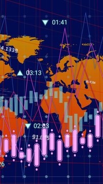 Animation of financial data processing over world map on black background