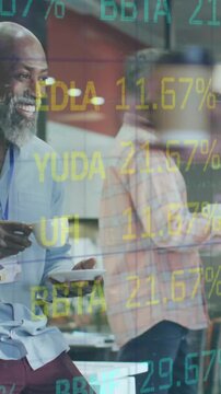 Animation of financial data processing over diverse business people working at office