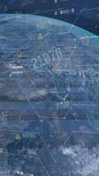 Animation of financial data processing with globe and world map over cityscape