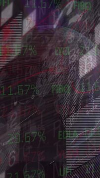 Animation of financial data processing and globe on black background