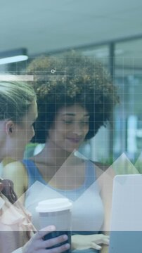 Animation of financial data processing over diverse business people working in office