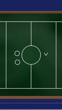 Animation of football game strategy drawn on green chalkboard against blue lined paper background