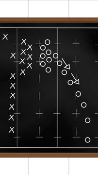 Animation of football game strategy drawn on black chalkboard against squared lined paper background