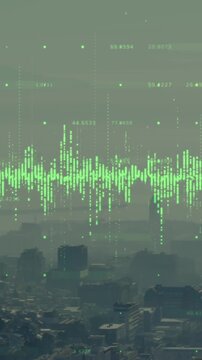 Animation of financial data processing over cityscape