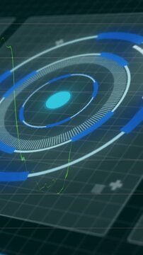 Animation of hud screens with radar and multiple graphs moving on grid background