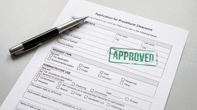 Approved application form with official green rubber stamp and metallic ballpoint pen on white paper
