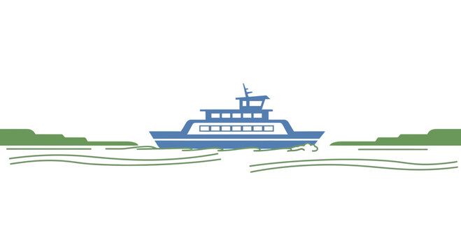 Ferry Boat Traveling Through Water Channel, Isolated on Transparent Background